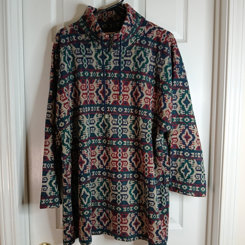 Vintage Sport Carriage Court Colorful Patterned Pullover Fleece Sweater Sz Large - Picture 1 of 8